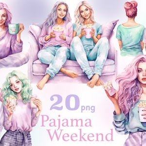 Pyjama party girls clipart, clipart filles fashion, filles en chaussons png, image design BF, clipart sœurs, illustrations bf, amitié png