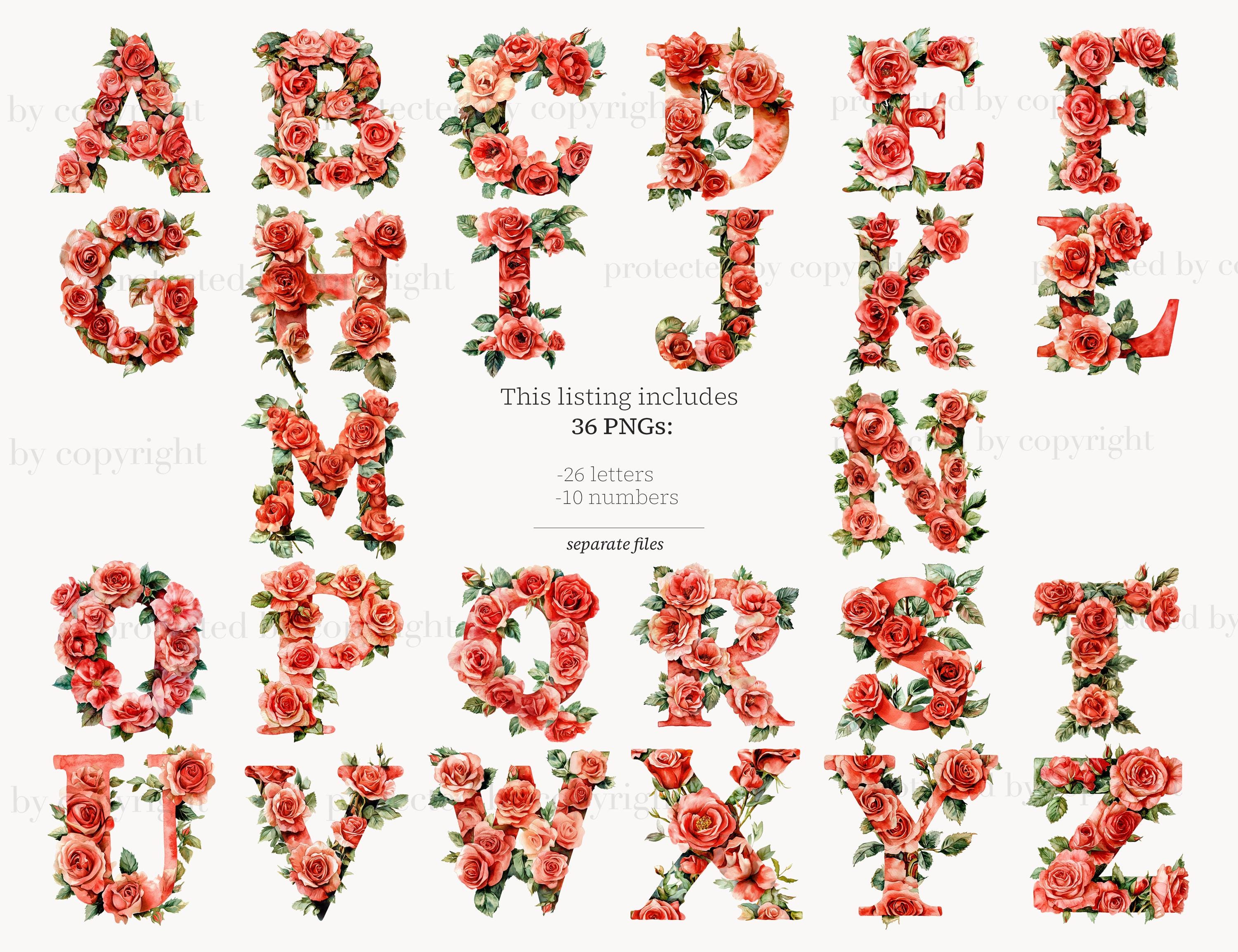 Red Roses Alphabet Printable Flowers Letters Botanical Numbers - Etsy