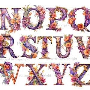 Watercolor tea party autumn alphabet letters. Halloween font for invitations letters N, O, P, Q, R, S, T, U, V, W, X, Y, Z. Purple color alphabet with orange, red, purple colors. Floral fall font PNG Bundle. Baby Shower Letters