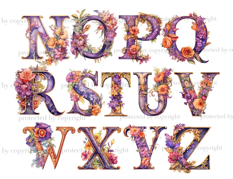 Watercolor tea party autumn alphabet letters. Halloween font for invitations letters N, O, P, Q, R, S, T, U, V, W, X, Y, Z. Purple color alphabet with orange, red, purple colors. Floral fall font PNG Bundle. Baby Shower Letters