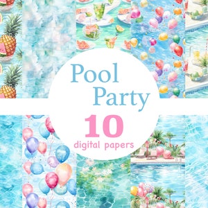 Papel digital "Fiesta en la piscina": Patrón veraniego colorido sin costuras (10 archivos JPEG)