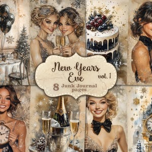 Páginas de diario basura de Año Nuevo Papel imprimible para fiestas Kit de álbum de recortes de celebración Papel de álbum de recortes negro y dorado Diario basura de Año Nuevo vintage