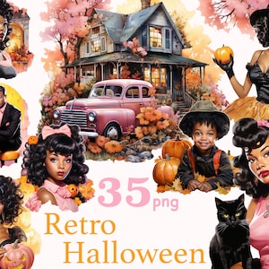 retro Halloween clipart, Halloween clipart bundle, pin up black woman Halloween clipart, 1950s black Ladies PNG, Printable 1940s clipart png