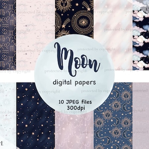 Moon Digital Paper, Zodiac Background, Celestial Digital Paper, Galaxy Seamless Pattern, Stars Background, Astrology Scrapbook Paper JPEG