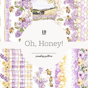 May include: A collection of ten seamless patterns with a watercolor theme. The designs feature bees, lavender, honeycomb, and floral arrangements in shades of purple, yellow, and white. The text "Oh, Honey!" and "seamless pattern" are also included.