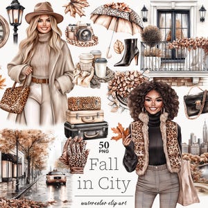 Puede incluir: Ilustración en acuarela con temática otoñal, con mujeres, accesorios y paisajes urbanos. Incluye una mujer con abrigo, un bolso con estampado de leopardo, maletas y el texto "Fall in City". Otros elementos: reloj, frasco de perfume y paraguas.