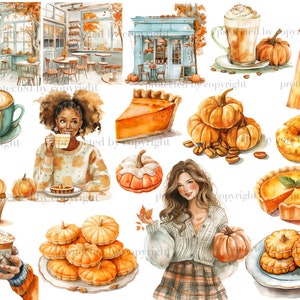 Pu&ograve; includere: Illustrazioni ad acquerello a tema autunnale. L'immagine presenta zucche, caff&egrave;, torta e una donna che tiene in mano una zucca. Ci sono anche immagini di un caff&egrave; e di un grembiule. La tavolozza dei colori include arancione, marrone e verde acqua.