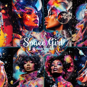 Space Girl Junk Journal Paper, Digitaal collageblad, Fashion Black Girl Junk Journal, Cosmic Instant Download, Black Woman fotocollage
