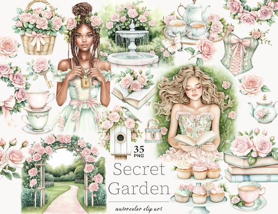 Secret Garden Clipart: Vintage Tea Party, Roses (PNG)