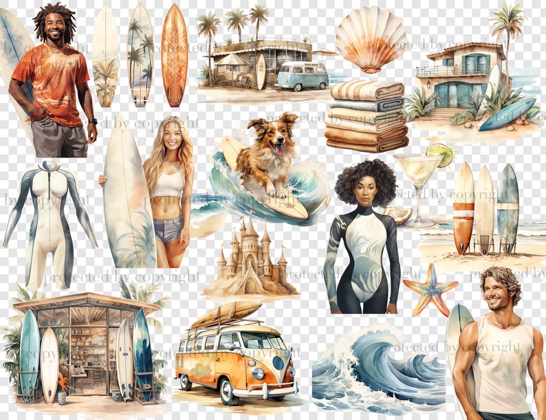 Surf Girl Clipart: Summer Surfing PNG Graphics (Digital Download) image 5