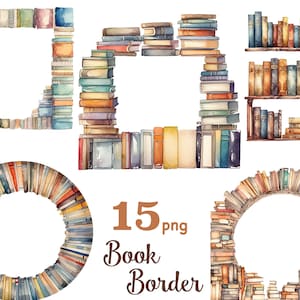Puede incluir: 15 ilustraciones de acuarela de bordes de libros. Los bordes están hechos de pilas de libros en varios colores y tamaños. Algunos bordes son cuadrados, otros redondos y otros arqueados. Las ilustraciones son perfectas para agregar un toque de fantasía y encanto a cualquier proyecto.