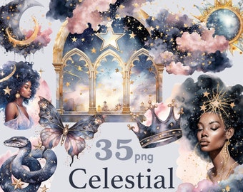 Watercolor Celestial Clipart: Moon, Stars, Black Woman PNG Bundle (35 Files)
