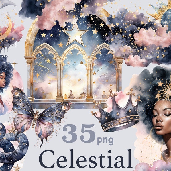 Celestial moon clipart, Celestial Window Watercolor Clipart, Mystical Moon Bundle PNG, Celestial black girls clipart, magic black  woman png