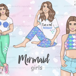 Meerjungfrau Mädchen Clipart Bundle, Meerjungfrau Zeichnung für Aufkleber, süße Meerjungfrauen Sticker, Meer Thema Elemente, schwarze Meerjungfrau Clipart