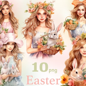 Clipart pastel de Pâques, fille de Pâques avec clipart lapin, clipart femme cottagecore, clipart fille printemps, clipart fille de la ferme, fille pastel