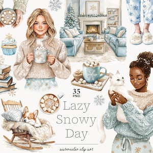 Dia preguiçoso de neve clipart, clipart neutro de inverno, clipart azul bege de Natal, clipart de garota de inverno, png de mulher negra de Natal, floco de neve png