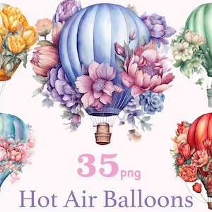 Floral hete lucht ballonnen clipart, kinderkamer kunst, kaart maken, png-bestand voor sublimatie, baby meisje kinderkamer, baby shower clipart voor ongewenste Journal