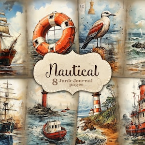 Nautical Junk Journal Pages, Vintage Picture Collage, Ocean Collage Sheet, Seascape Digital Art, Sail Boat Ephemera, Beach junk journal set