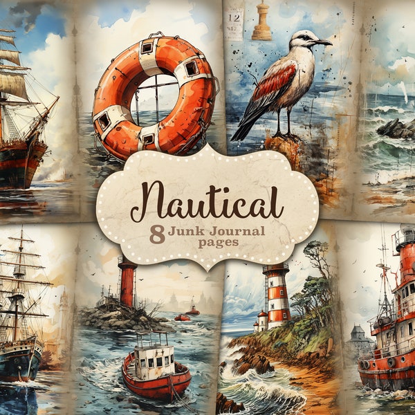 Nautical Junk Journal Pages, Vintage Picture Collage, Ocean Collage Sheet, Seascape Digital Art, Sail Boat Ephemera, Beach junk journal set