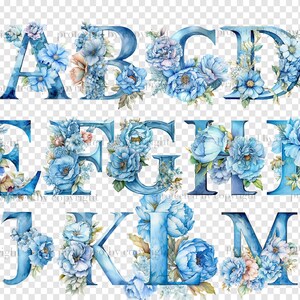Blue Floral Alphabet Letters: Blue Flowers Invitation PNG Font (digital ...
