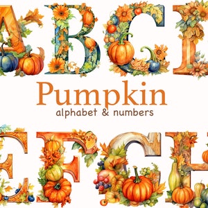 Letras del alfabeto de calabaza clipart png, Invitación de boda con clip art floral de acuarela, Alfabeto de Halloween, Letras decorativas de calabaza, letras