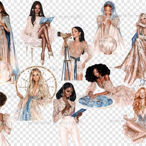 May include: A collection of digital illustrations featuring elegant women in flowing gowns and robes. The illustrations showcase a celestial theme, with elements like stars, globes, and telescopes. The color palette includes soft pastels, gold, and blue.