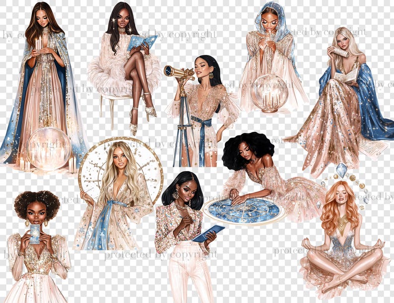 May include: A collection of digital illustrations featuring elegant women in flowing gowns and robes. The illustrations showcase a celestial theme, with elements like stars, globes, and telescopes. The color palette includes soft pastels, gold, and blue.