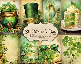 May include: A set of 13 digital scrapbook papers featuring St. Patrick's Day themed images, including shamrocks, a leprechaun hat, a harp, a cake, and a violin. The papers are in a vintage style with a distressed look.