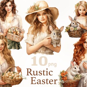 Clipart rustique de Pâques, Pâques filles clipart, clipart femme printemps, Pâques clipart neutre, clipart femme ferme, aquarelle de Pâques png