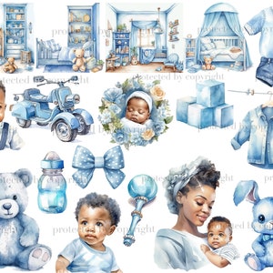 Baby Boy Black Clipart. Watercolor black boy, black boy in mother's arms, blue children's toys and clothes, cubes, rattle, blue rabbit toy, teddy bear toy, blue scenes with children's rooms with cribs, toys and wardrobes, blue baby shirt