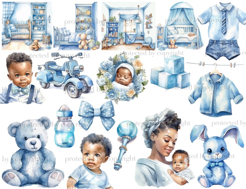 Baby Boy Black Clipart. Watercolor black boy, black boy in mother's arms, blue children's toys and clothes, cubes, rattle, blue rabbit toy, teddy bear toy, blue scenes with children's rooms with cribs, toys and wardrobes, blue baby shirt