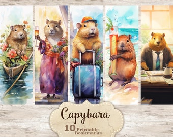 Capybara Lesezeichen Printable: Aquarell Kunst, Instant Download (PDF)