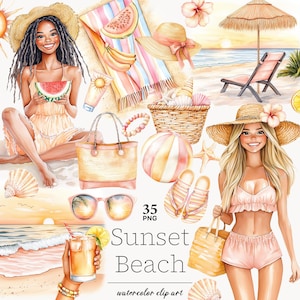 Imágenes prediseñadas de playa de verano PNG, escena de playa al atardecer, chica de viaje de vacaciones PNG, archivos digitales de escena de verano para álbumes de recortes, descarga digital