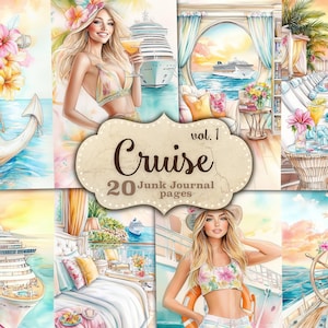 Diario di viaggio di Cruise Junk, fogli di collage di viaggio, carta stampabile per navi da crociera, diario di viaggio di Beach Junk, effimeri di viaggio in vacanza, paesaggio marino nautico