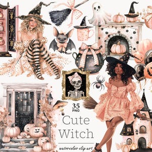 Cute Witch clip art, pink Halloween clipart, pastel Halloween clipart, Halloween black girl clipart, Cute Halloween clipart, Bat, Ghost png
