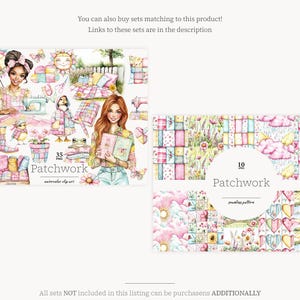 May include: A set of 35 digital watercolor illustrations featuring a patchwork theme. The illustrations include a girl sewing, a frog, a bird, a sun, a flower, and various patchwork patterns. The text "35 PNG Patchwork Watercolor Clip Art" is included in the image.