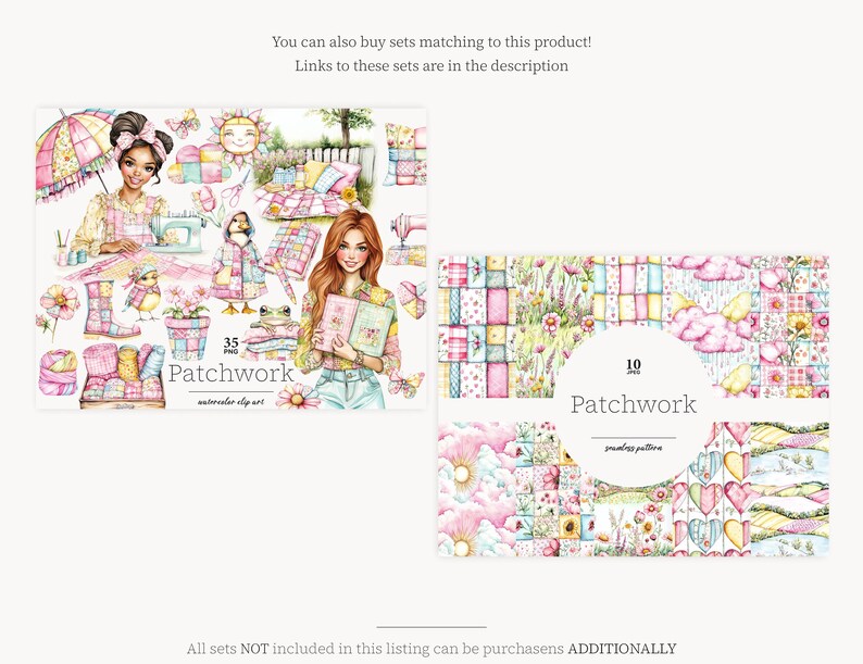 May include: A set of 35 digital watercolor illustrations featuring a patchwork theme. The illustrations include a girl sewing, a frog, a bird, a sun, a flower, and various patchwork patterns. The text "35 PNG Patchwork Watercolor Clip Art" is included in the image.