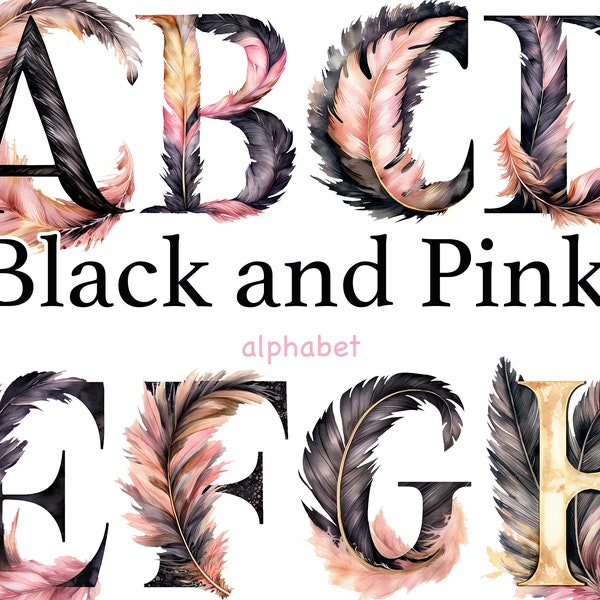 Black and Pink alphabet, retro letters png, wedding letters font, Birthday clipart, New Year clipart, party Invitation PNG, font clipart