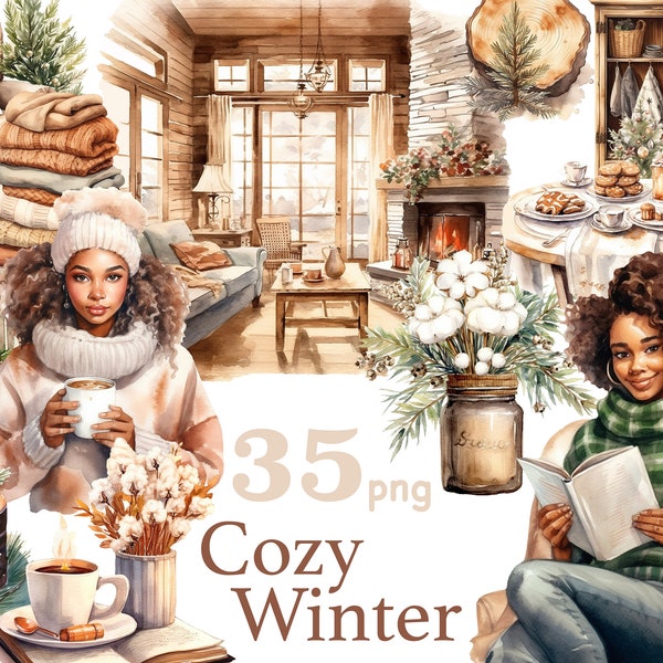 Cozy Winter clipart, winter cozy reading black girl clipart, winter black woman clipart png, cozy Christmas clipart, holiday clipart, boho