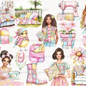 May include: A collection of digital illustrations featuring a patchwork theme. The illustrations include a bed with a patchwork quilt, a girl holding a book, a bird with a patchwork scarf, a flower pot with patchwork designs, a sewing machine, a girl holding a patchwork pillow, and a couch with patchwork cushions.