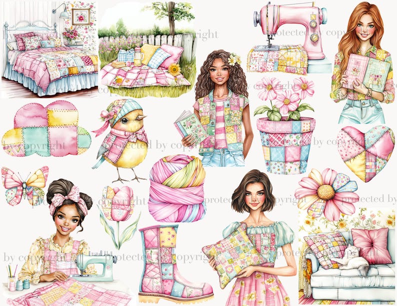 May include: A collection of digital illustrations featuring a patchwork theme. The illustrations include a bed with a patchwork quilt, a girl holding a book, a bird with a patchwork scarf, a flower pot with patchwork designs, a sewing machine, a girl holding a patchwork pillow, and a couch with patchwork cushions.
