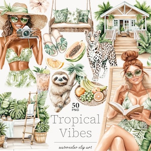 Paquete de imágenes prediseñadas tropicales PNG, gráficos de vacaciones de verano, ilustraciones de playa, palmeras, islas, archivos PNG, arte digital de viajes, descarga instantánea
