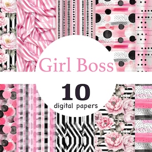 Girl Boss digitales Papier, Girl Boss Muster, schwarz rosa Hintergrund, Business digitales Papier, Business Hintergrund, Office Muster