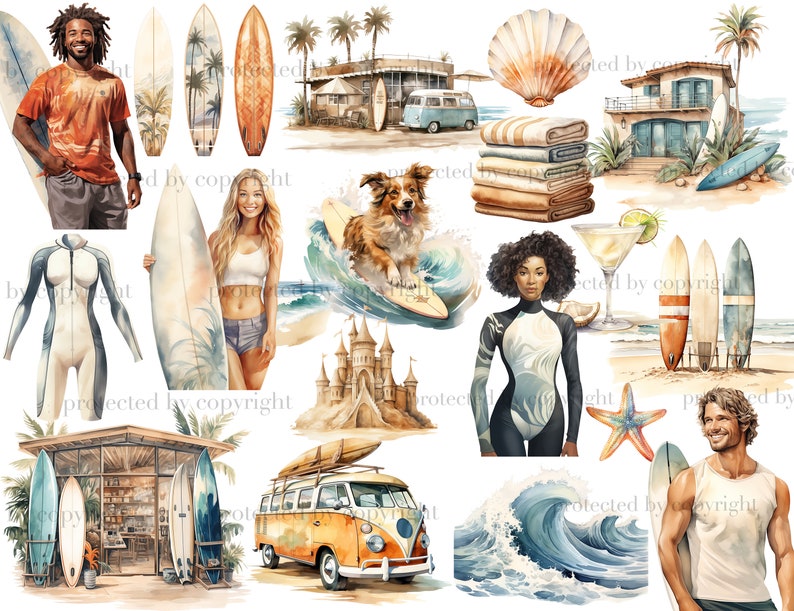 Surf Girl Clipart: Summer Surfing PNG Graphics (Digital Download) image 3