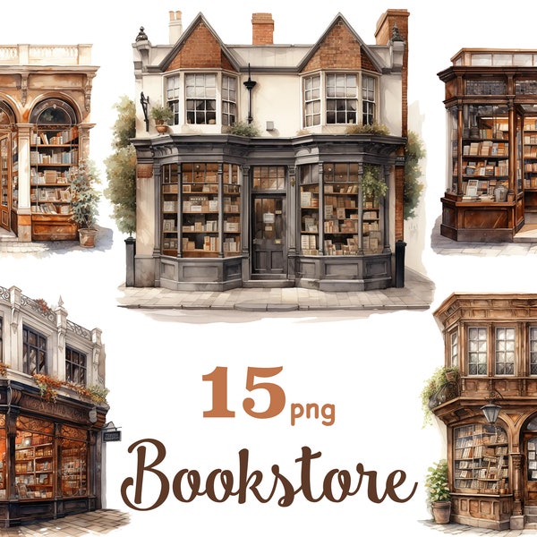 Bookstore clip art, Bookstore illustration, bookstore digital download, book shop bundle, Book shop Building, cute bookstore, Books clipart