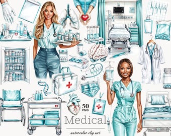 Conjunto de imágenes prediseñadas médicas: ilustraciones PNG de enfermeras y médicos con gráficos sanitarios para proyectos de oficina.