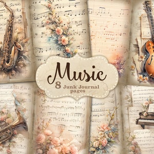 Foglio vintage musicale, pagine di diario spazzatura, vecchi oggetti effimeri di carta, carta per album antichi, arte digitale decoupage, arte digitale di strumenti musicali