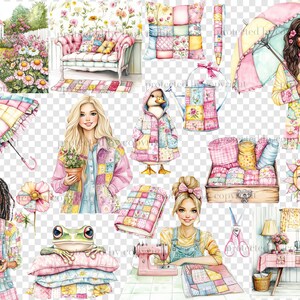 May include: A digital collage of illustrations featuring a patchwork theme. The illustrations include a house, a couch, a girl with a patchwork umbrella, a girl with a patchwork dress, a girl sewing, a frog on a patchwork pillow, and a sewing room with a patchwork table cloth.