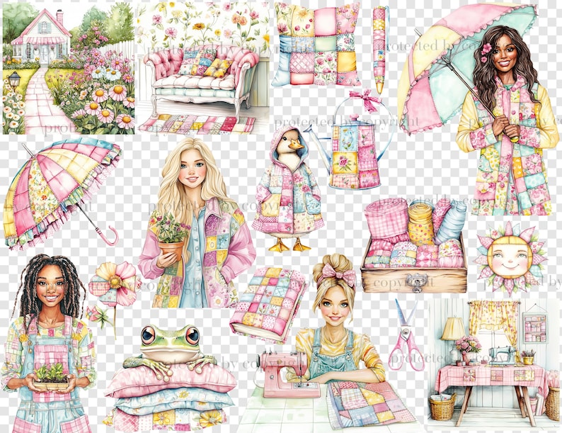 May include: A digital collage of illustrations featuring a patchwork theme. The illustrations include a house, a couch, a girl with a patchwork umbrella, a girl with a patchwork dress, a girl sewing, a frog on a patchwork pillow, and a sewing room with a patchwork table cloth.