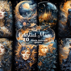 Dziennik śmieciowy cyfrowy papier, strony pamiętnika fantastycznych stworzeń, strony dziennika śmieciowego Celestial Moon, kolaż zdjęć bogini, strony dziennika księżycowego